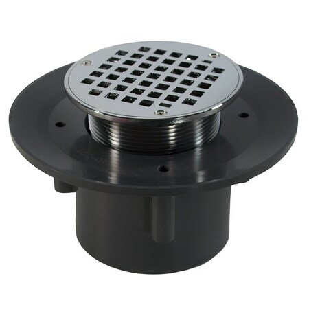 Jones Stephens 3in. x 4in. Heavy Duty PVC Slab Drain Base with 3-1/2in. Metal Spud and 6in. Chrome Plated Strainer D49465